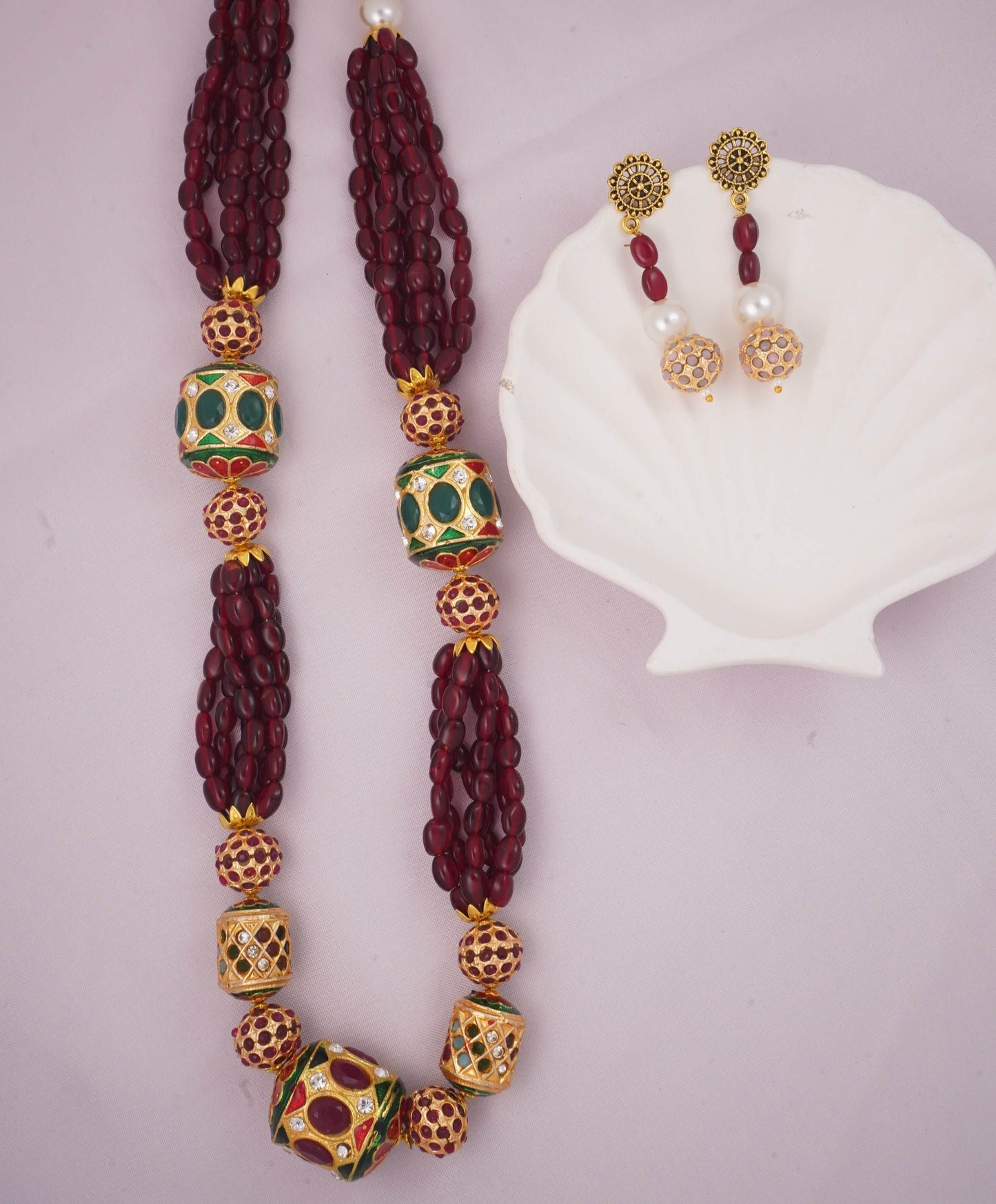 Meenakari Drum Bead Mala Maroon