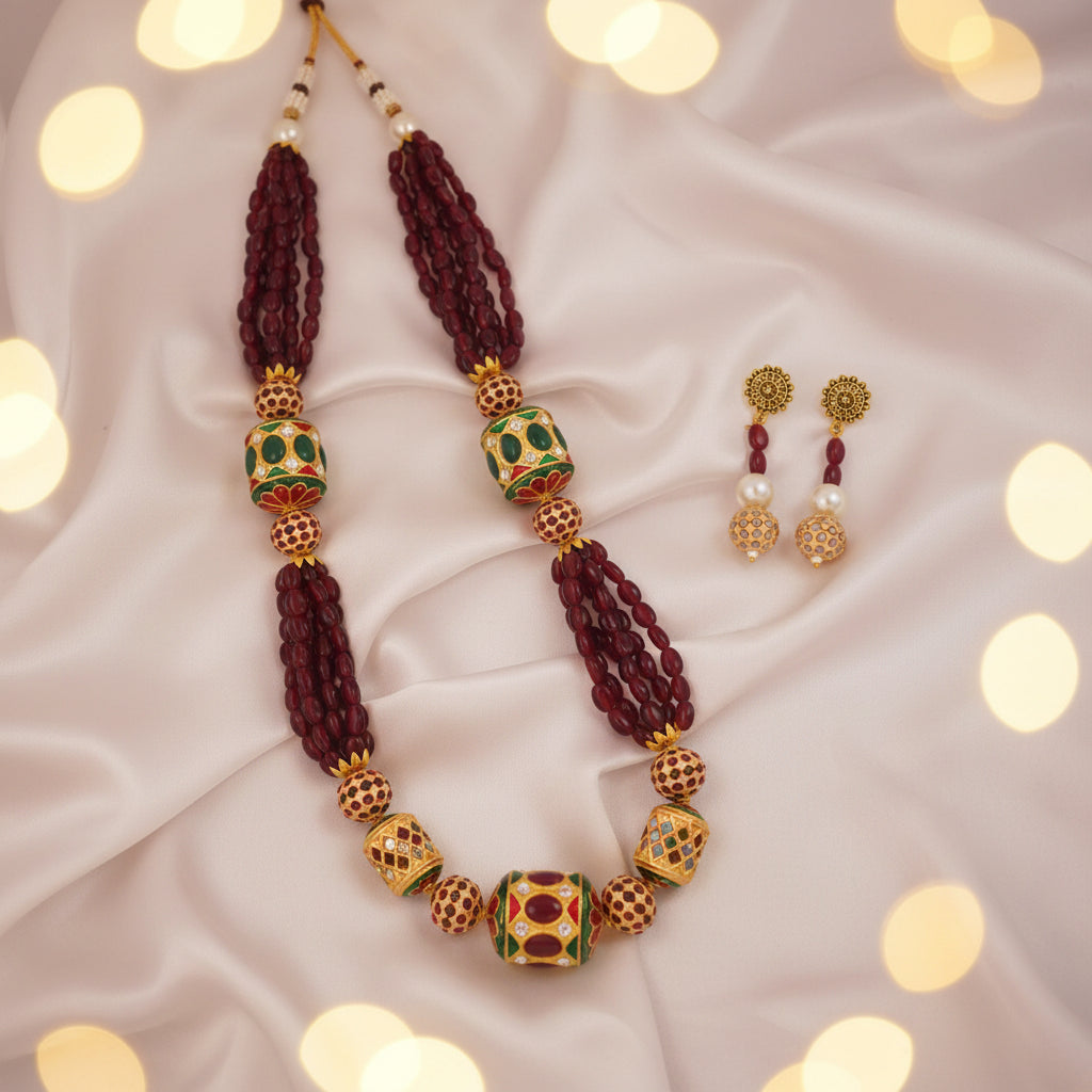 Meenakari Drum Bead Mala Maroon