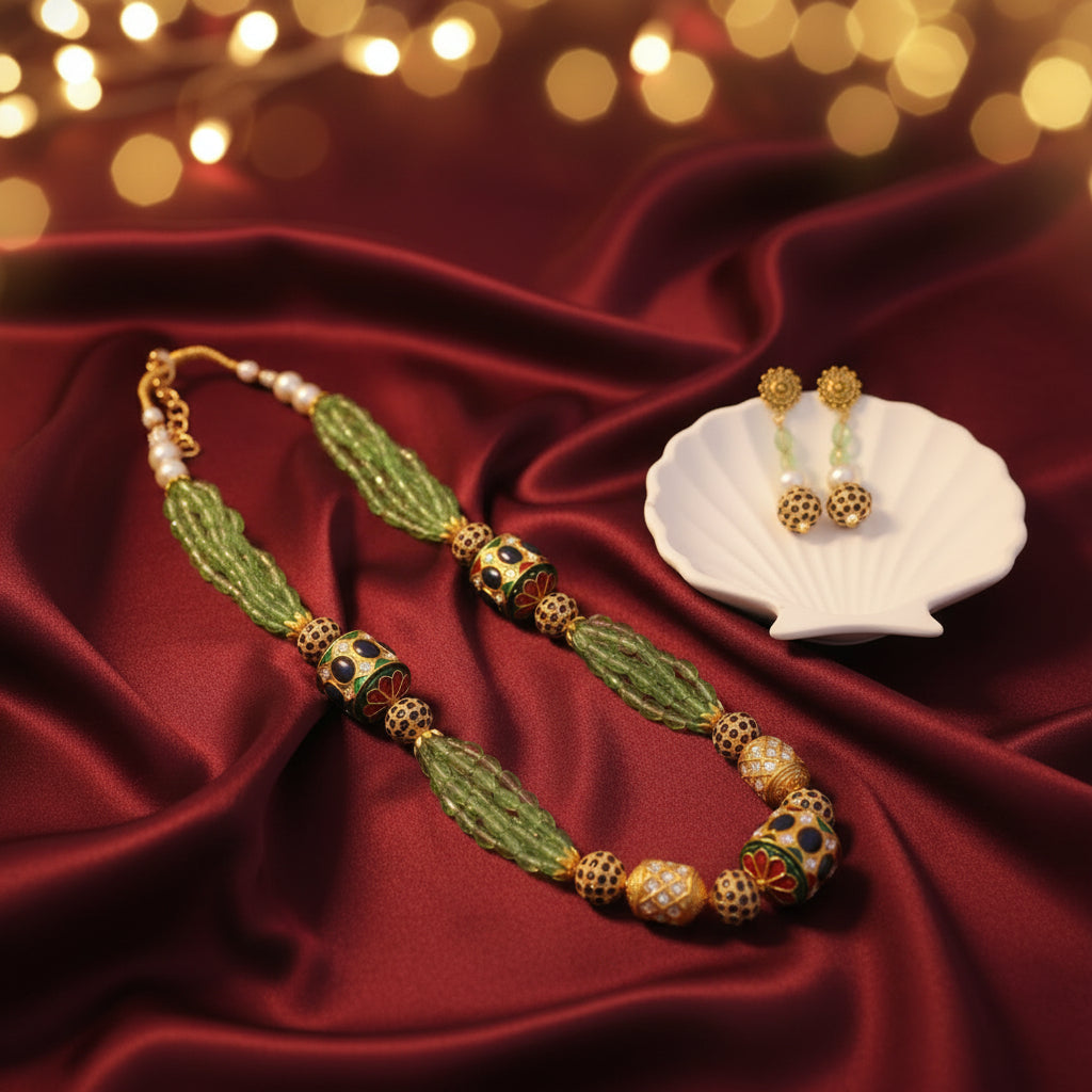 Meenakari Drum bead Mala Mint Green
