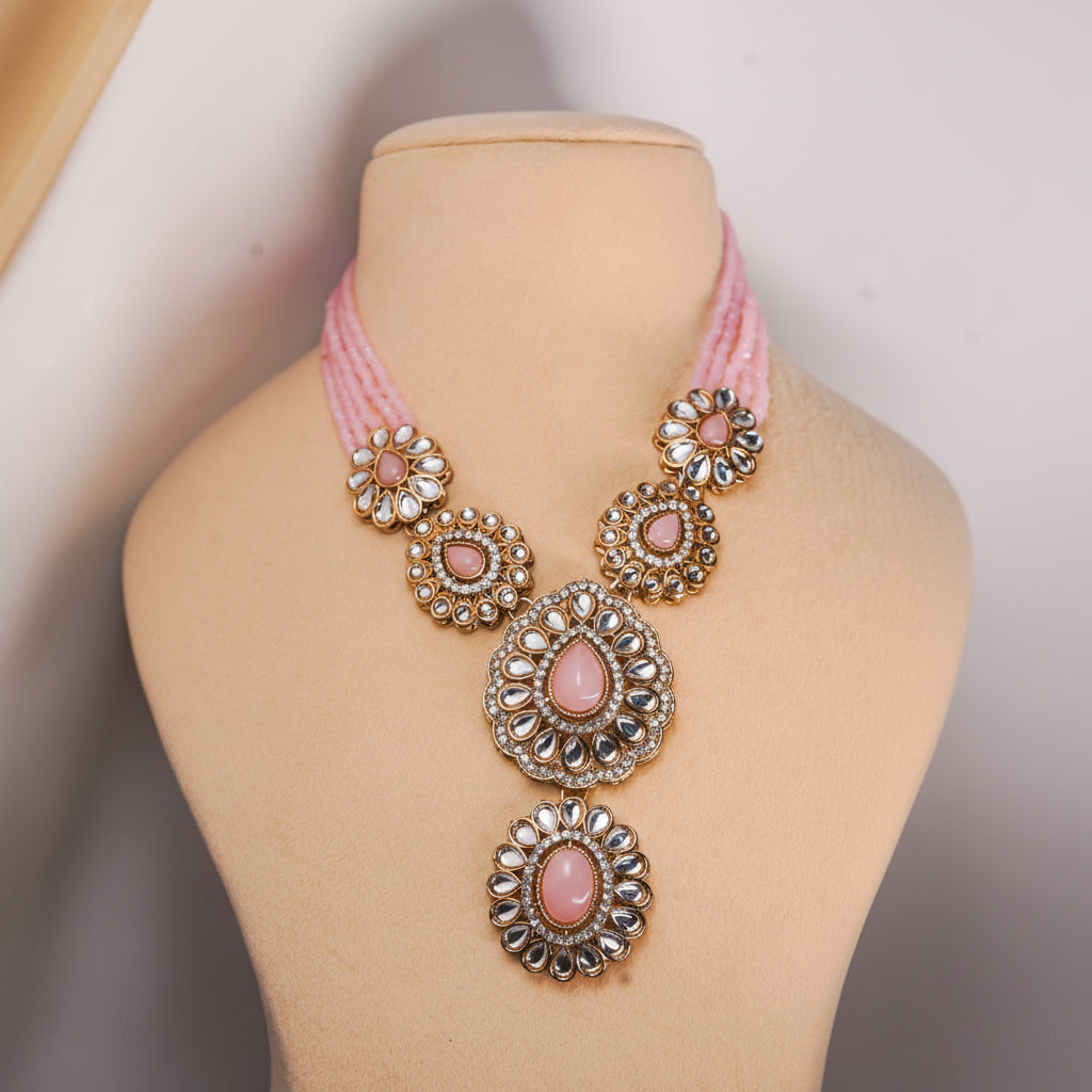 Pastel Pink Double Pendant Necklace Set – Kundan Jewellery