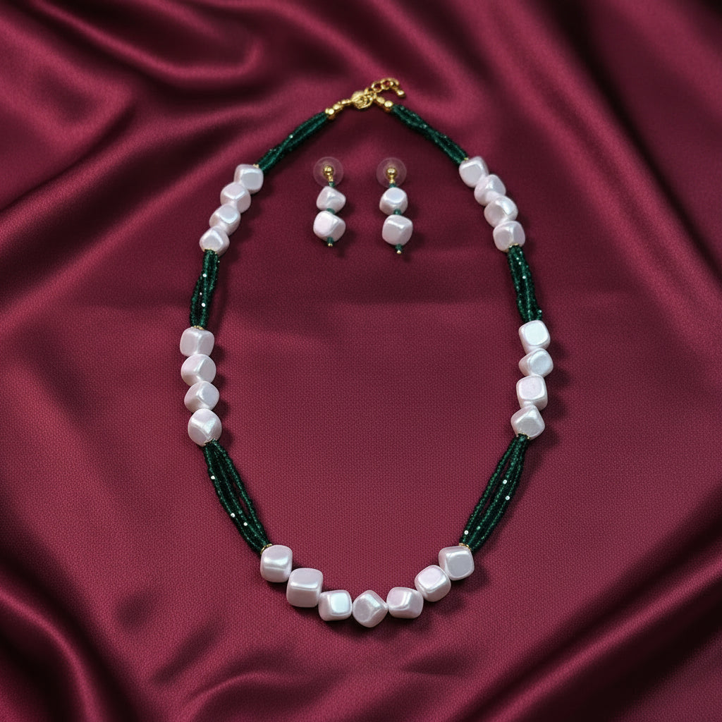 Green Quadra White Bead Mala