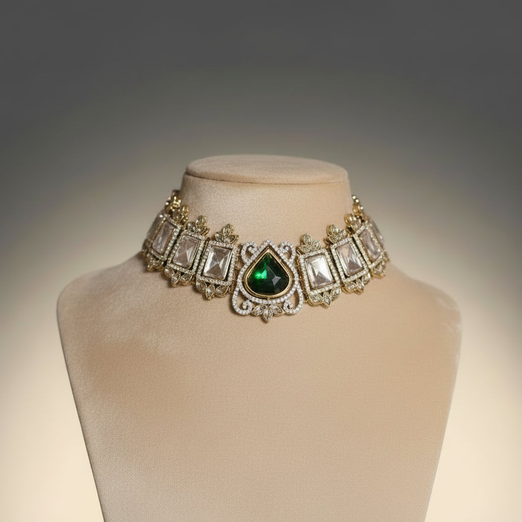 Regal Aura Set – Emerald Kundan Choker Jewellery