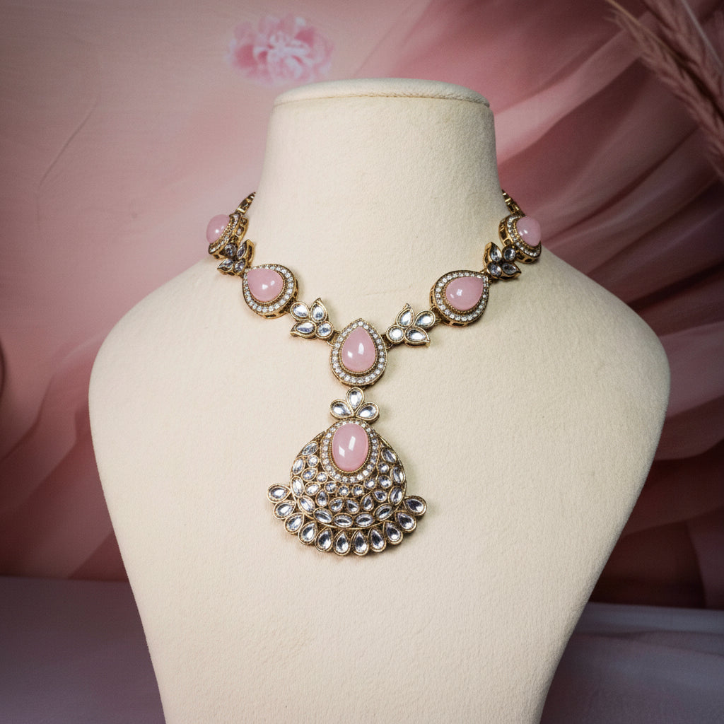 Designer Pastel Pink Kundan ncklace Set| Glamnaari