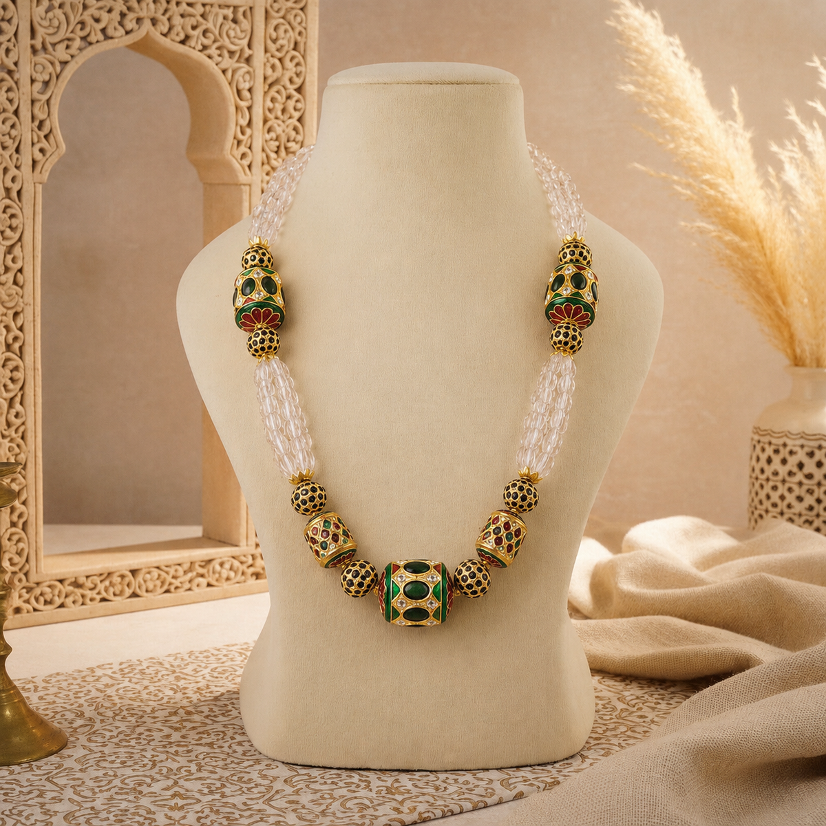 Meenakari Drum Bead Mala White