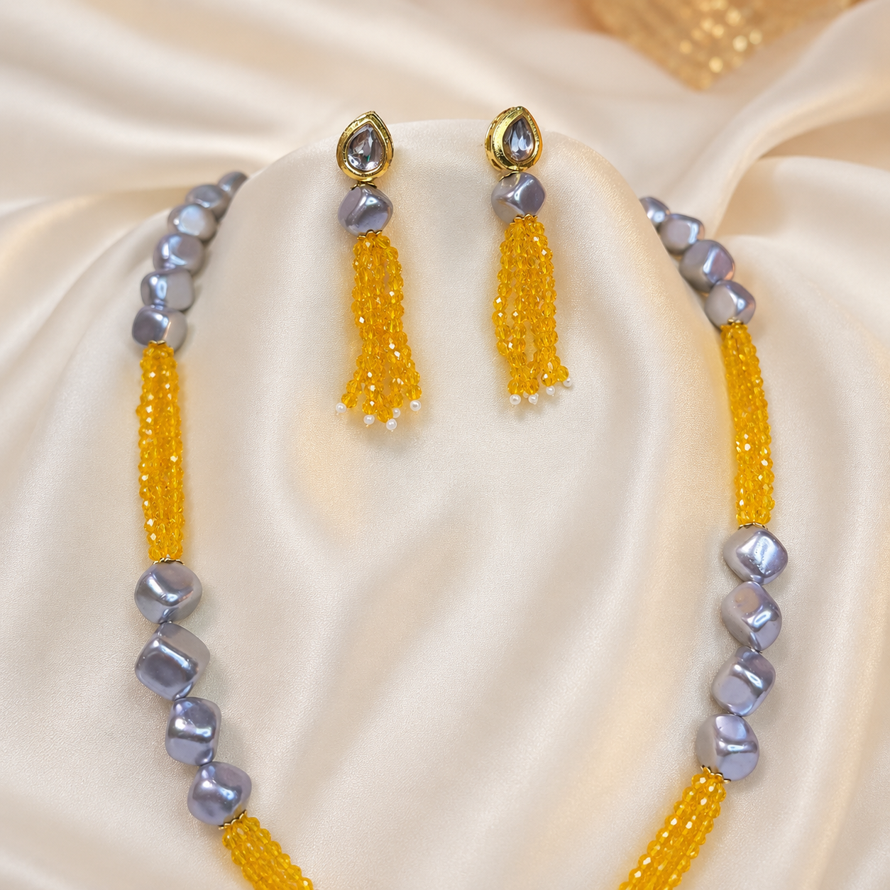 Yellow Quadra Metallic Bead Mala