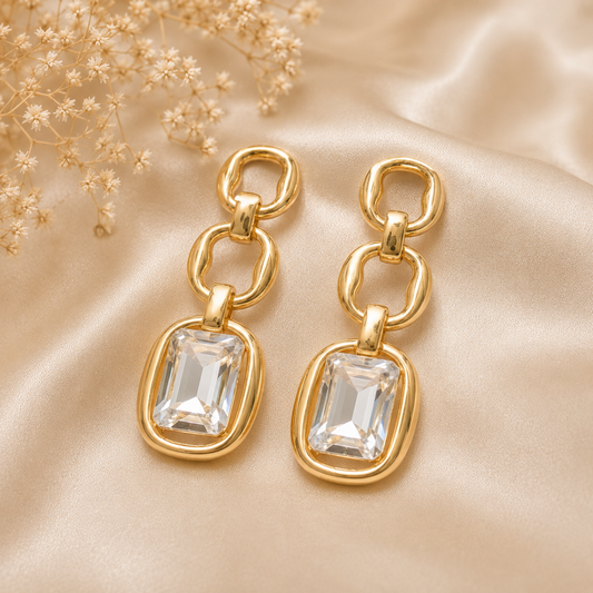 Crystal Link Earrings - Geometric Green Crystal Gold Drops