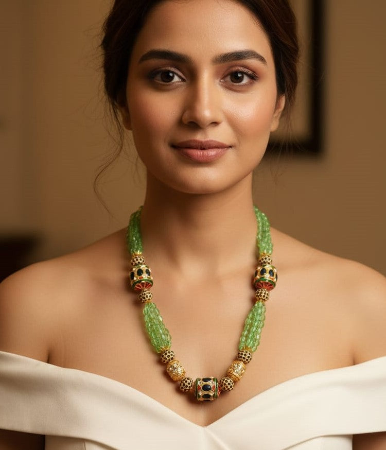 Meenakari Drum bead Mala Mint Green