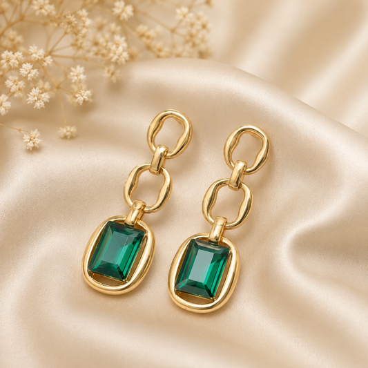 Emerald Link Earrings - Geometric Green Crystal Gold Drops