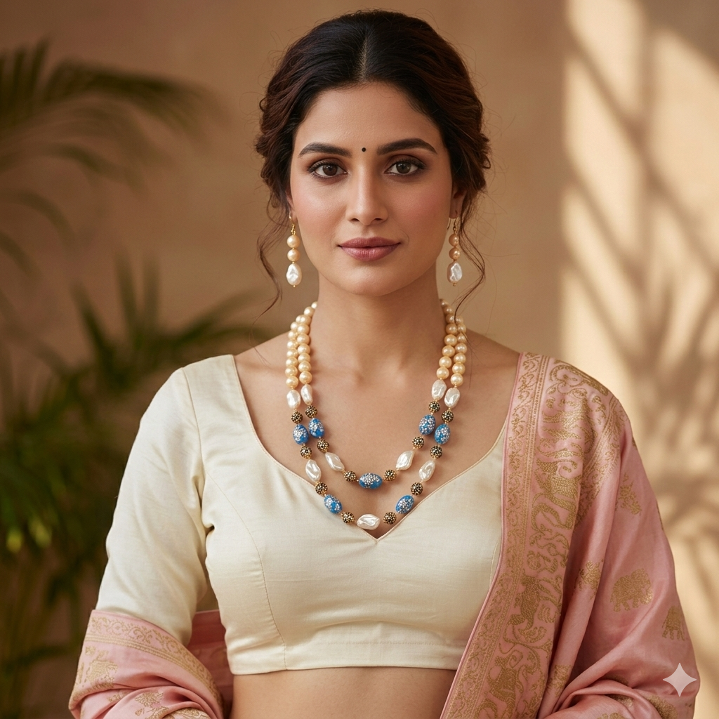 Royal Blue Pearl Dual-Layer Statement Mala