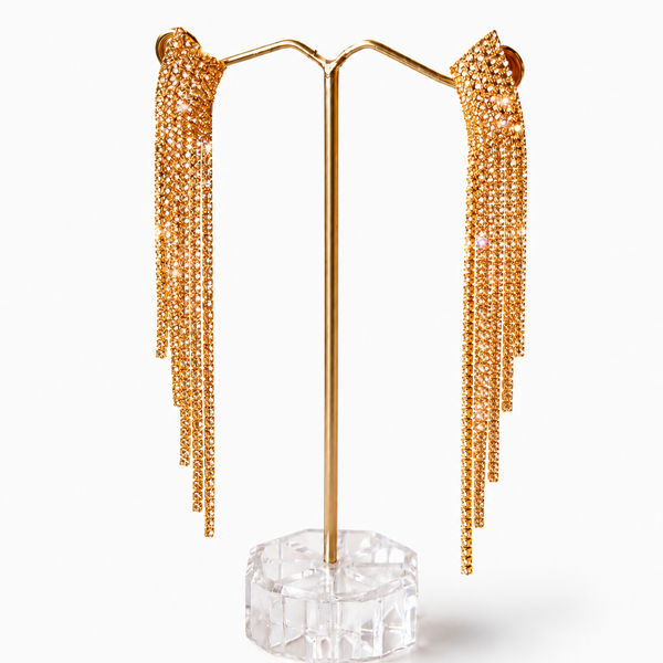 Golden Drape Glam | Rhinestone Waterfall Party Wear Earrings Women