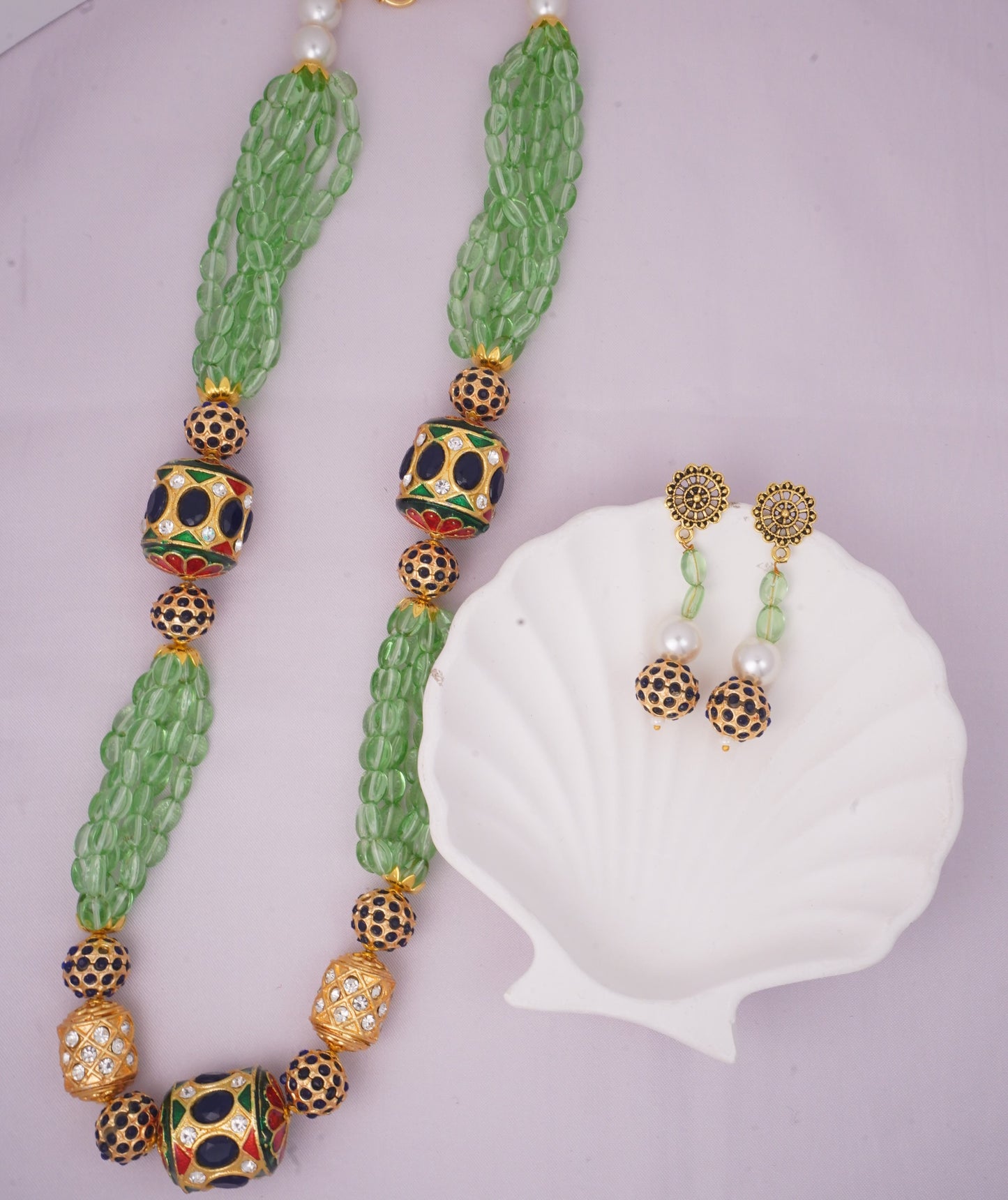 Meenakari Drum bead Mala Mint Green