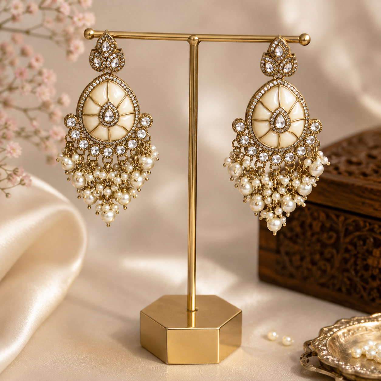 Opal White Enamel Kundan Earrings