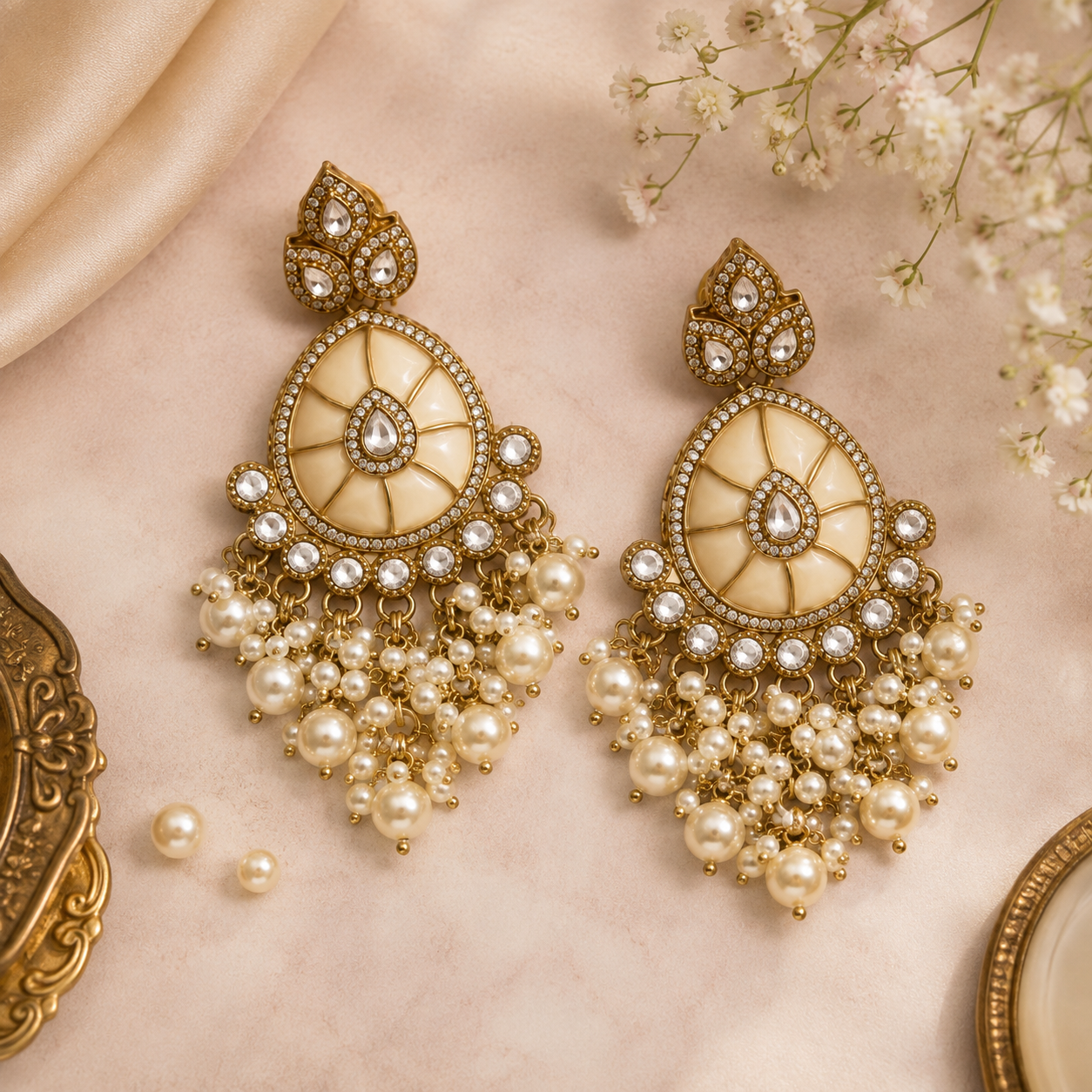 Opal White Enamel Kundan Earrings