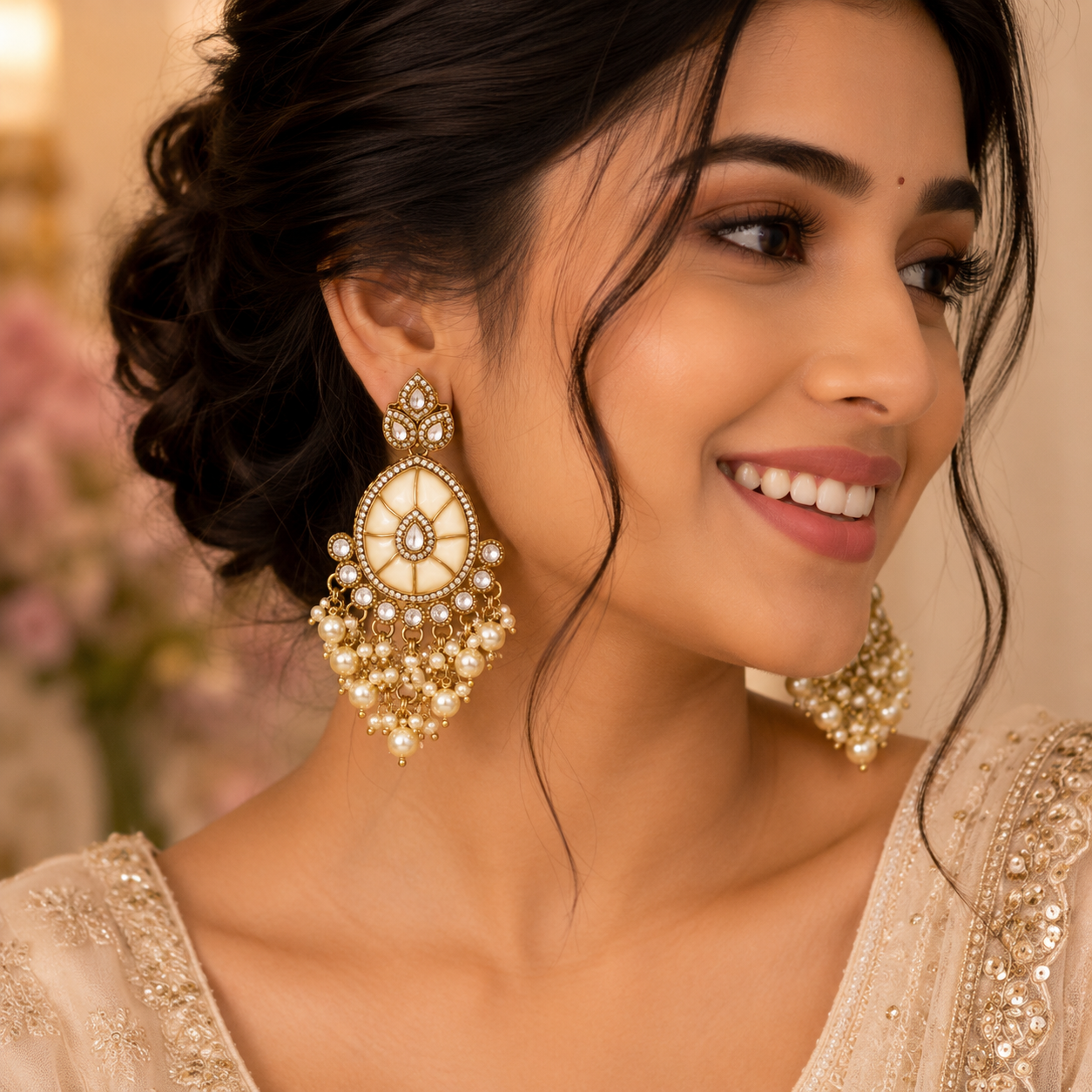 Opal White Enamel Kundan Earrings