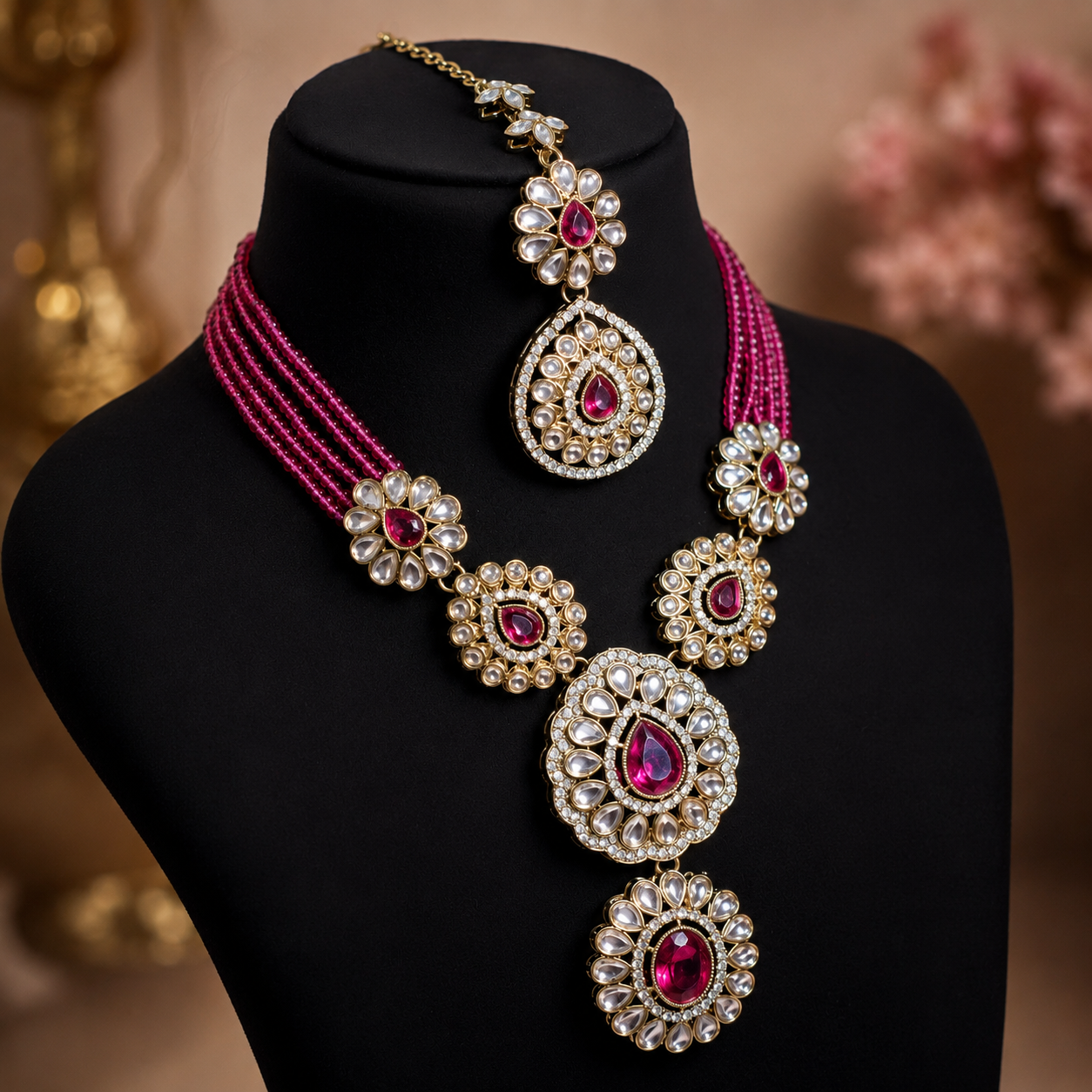 Rosalia Kundan Set – Pink Double Pendant Necklace