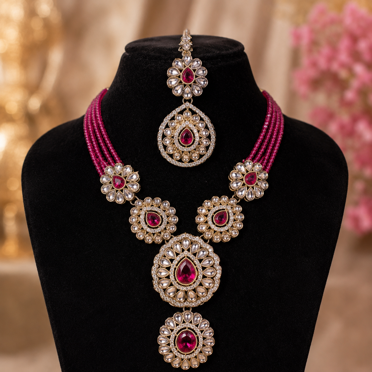 Rosalia Kundan Set – Pink Double Pendant Necklace
