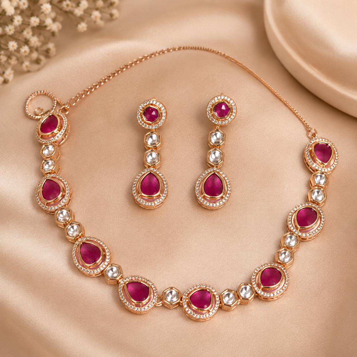 Rani Kundan Set – Pink Stone Necklace Jewellery