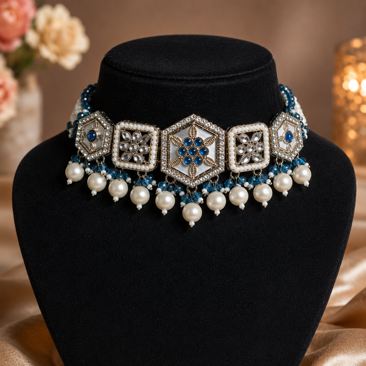Blue Hexa Choker – Kundan Pearl Choker Jewellery