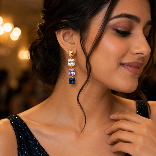 Royal Prism Drops - Triple-Stone Navy Lilac Gold-Tone Earrings
