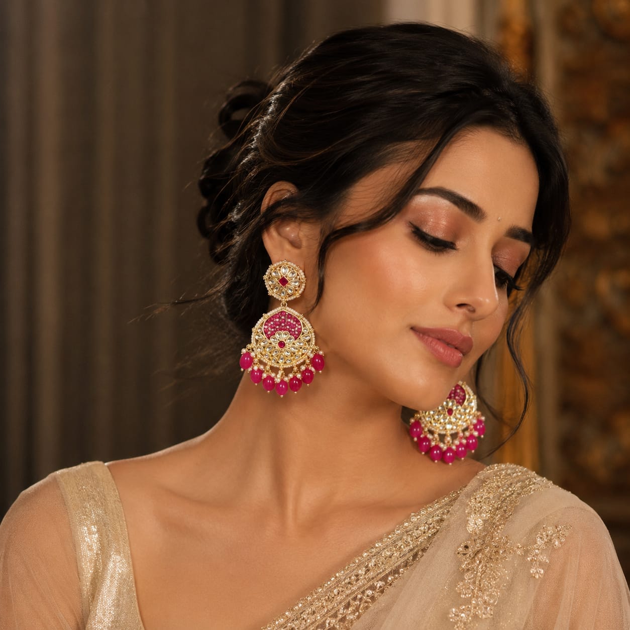 Saanjali Kundan Rani Pink Danglers