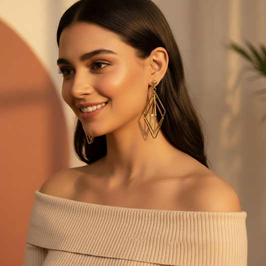 Geometrix Gold Dangles | Layered Rhombus Party Wear Earrings for Women