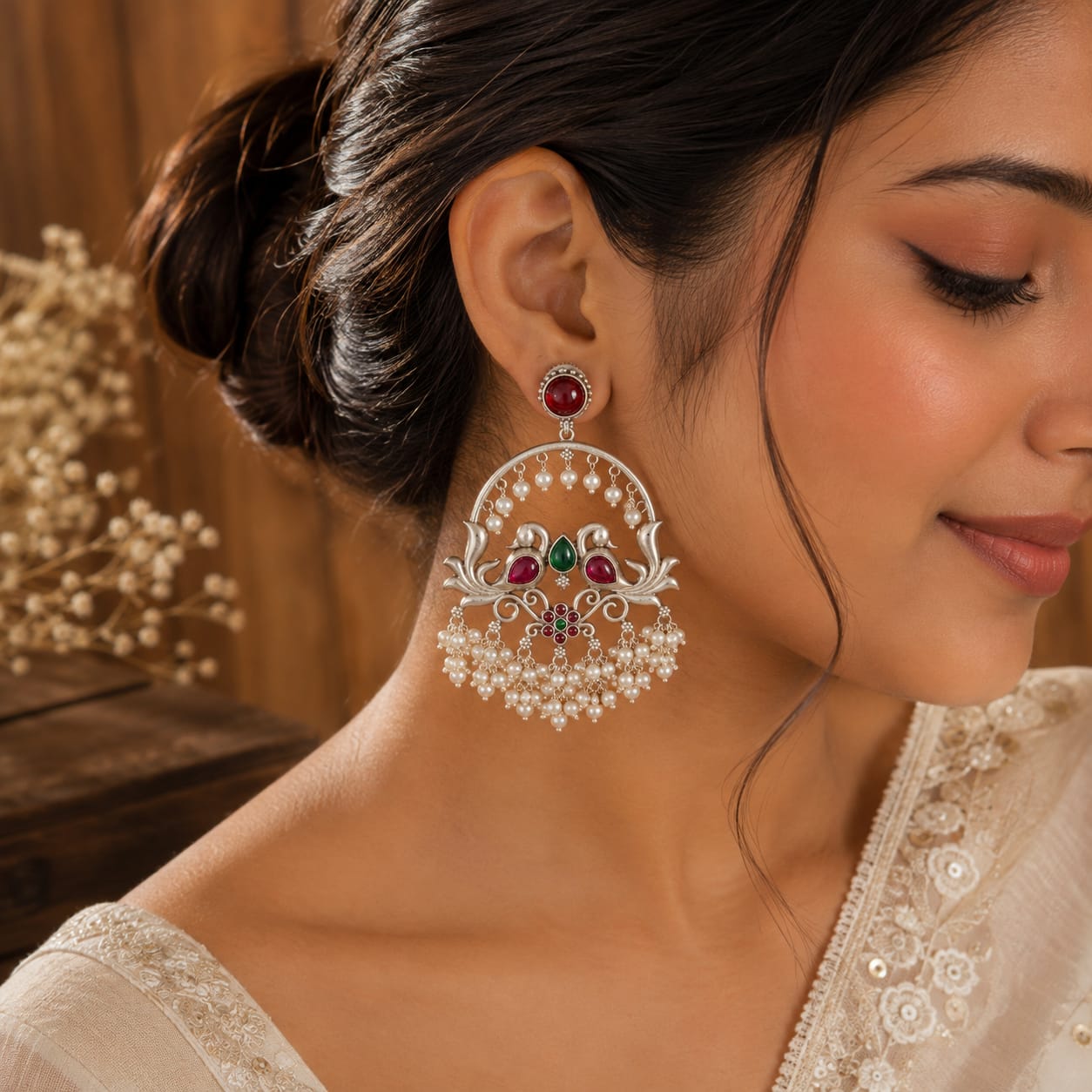 Silver Pearl Chandbali