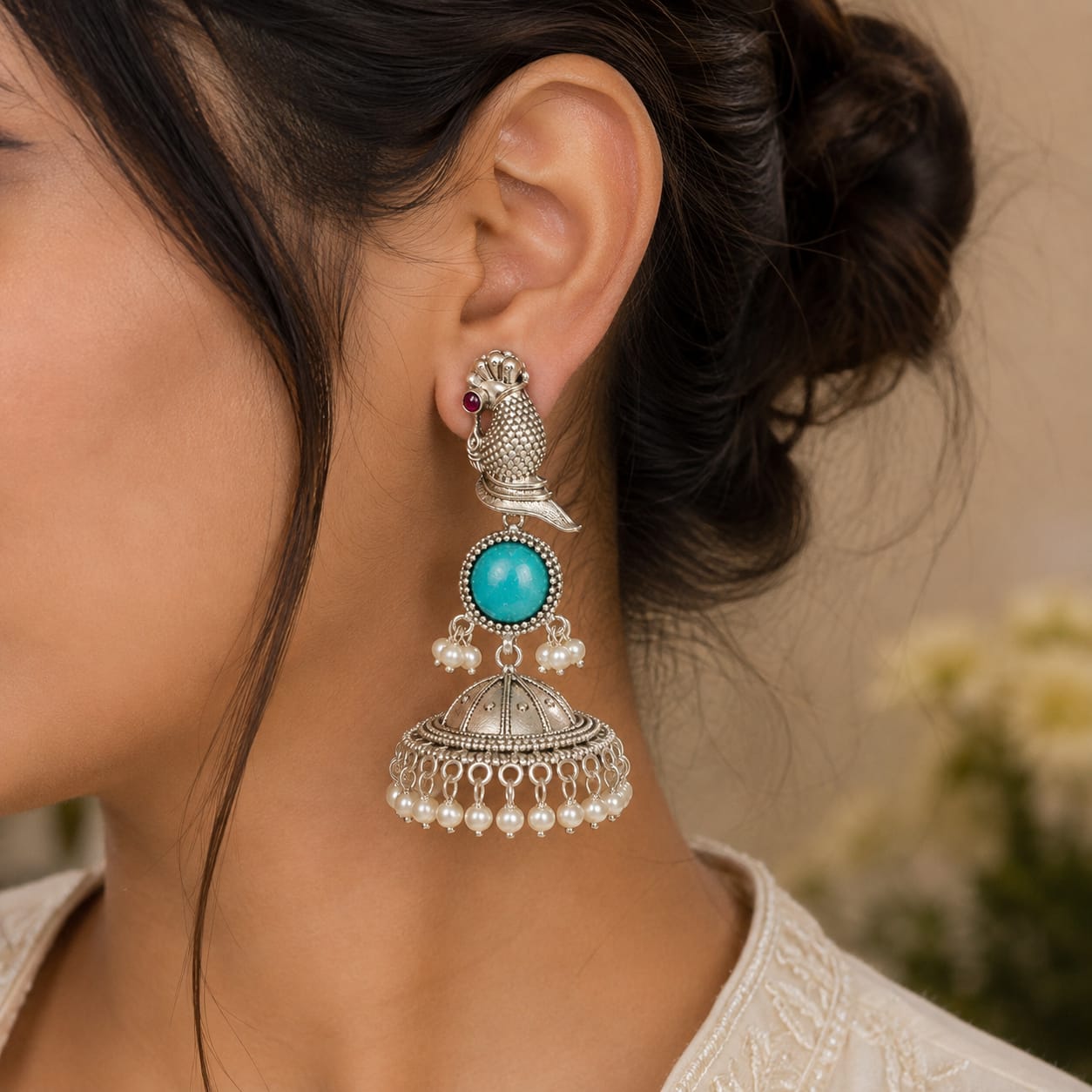 Silver turquoise Bird Jhumki