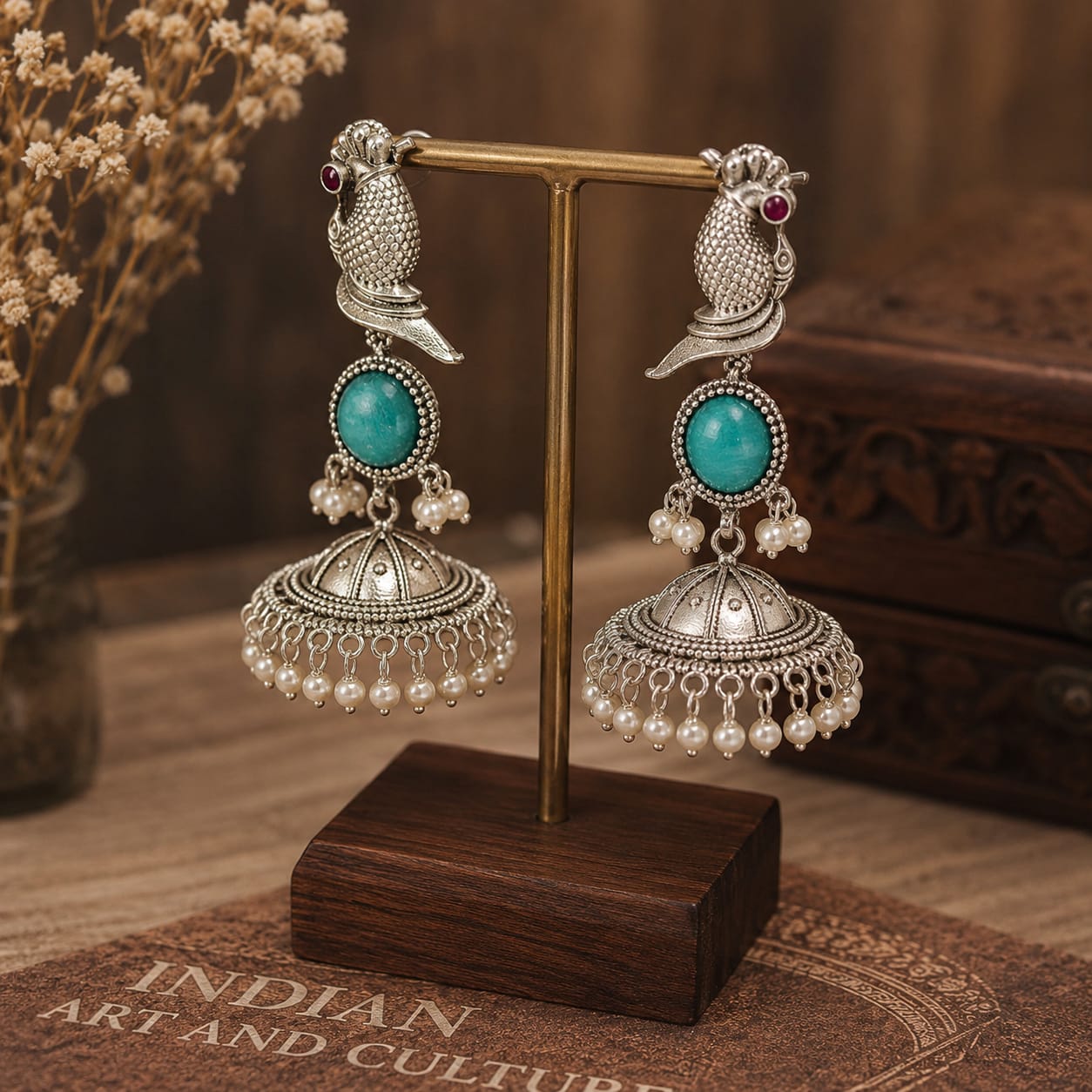 Silver turquoise Bird Jhumki