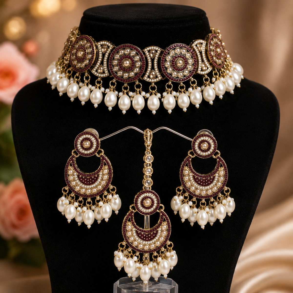 Vintage Wine Choker – Kundan Pearl Necklace Jewellery