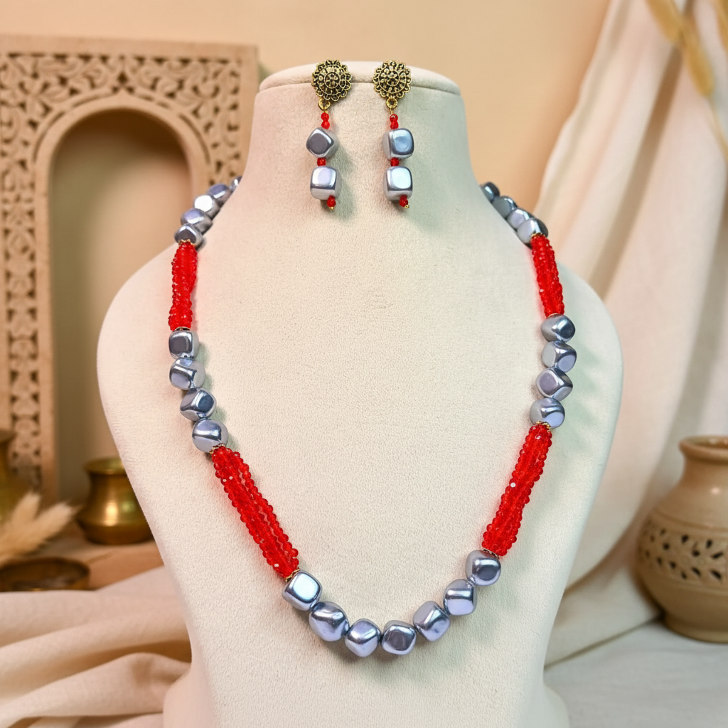 Red Quadra Metallic Bead Mala