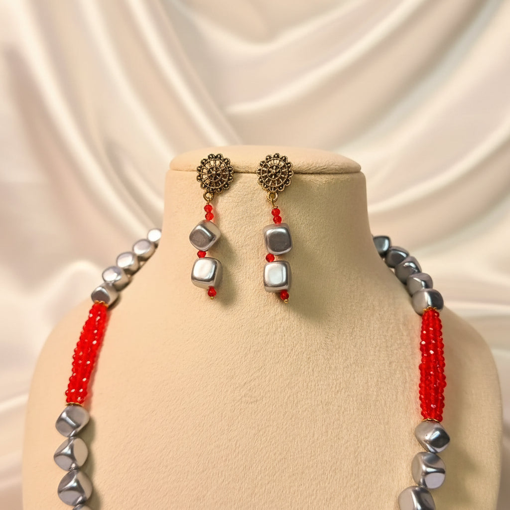 Red Quadra Metallic Bead Mala