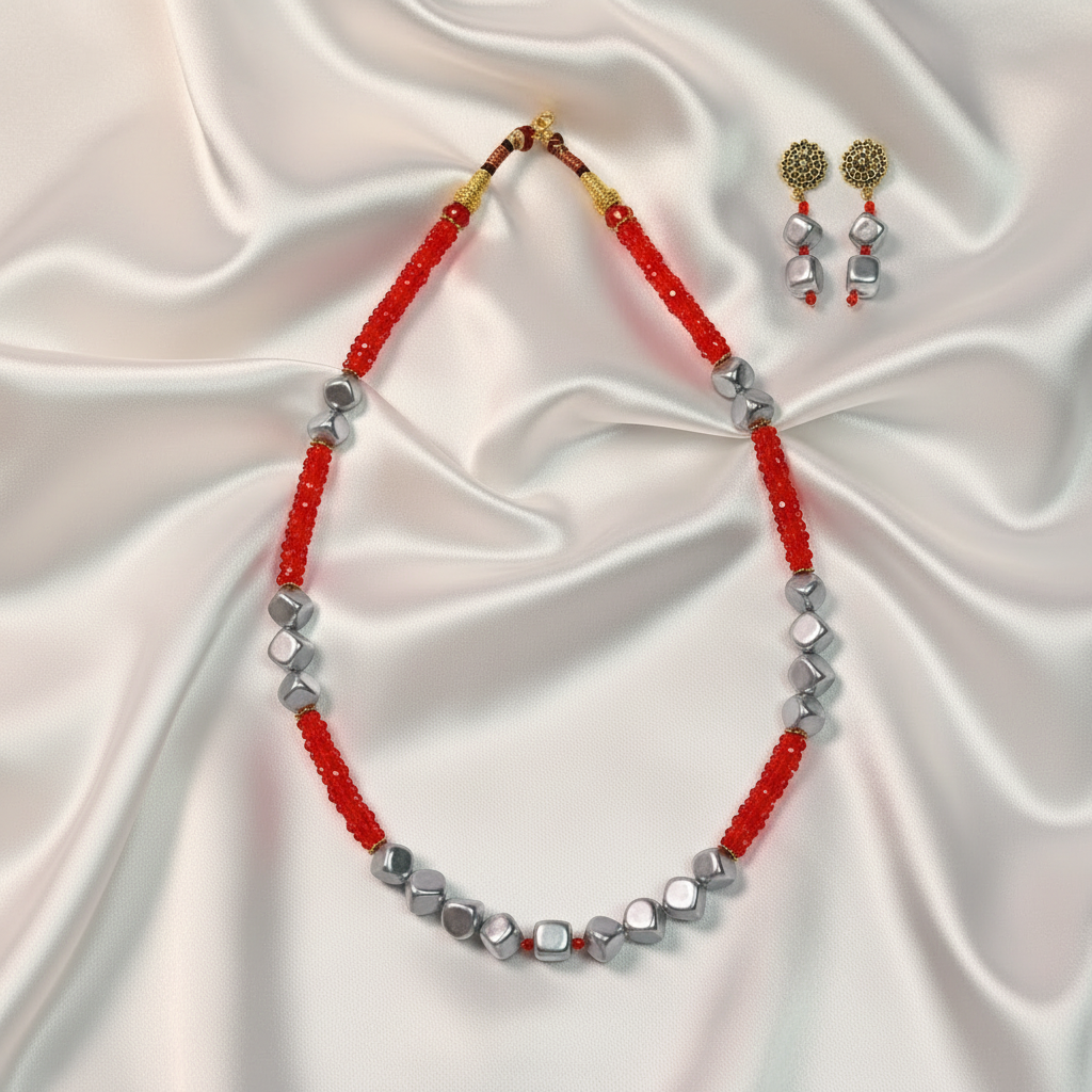 Red Quadra Metallic Bead Mala
