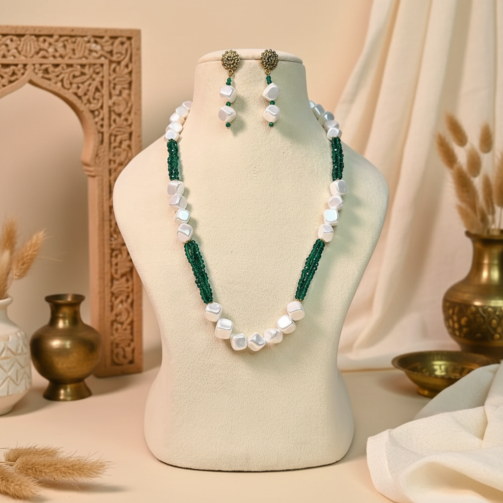 Green Quadra White Bead Mala
