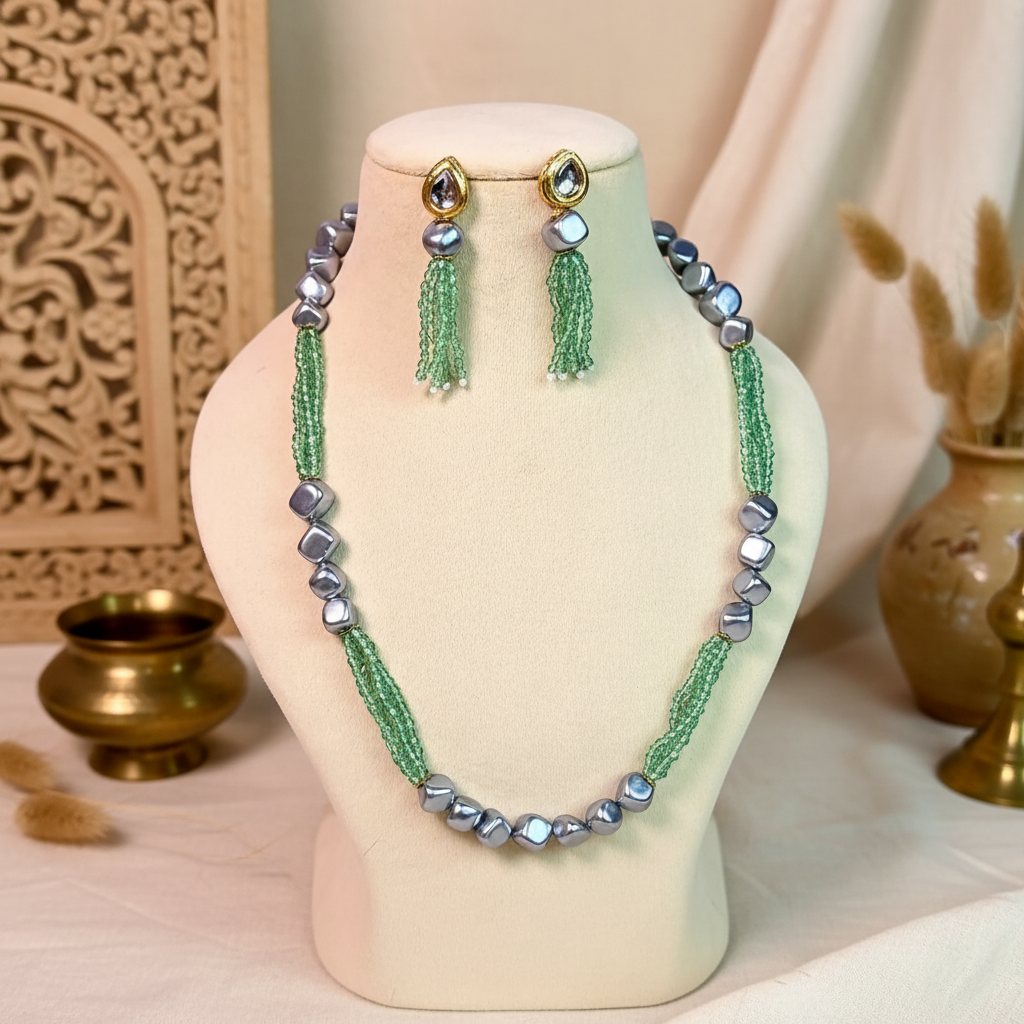 Sea Green Quadra Metallic Bead Mala