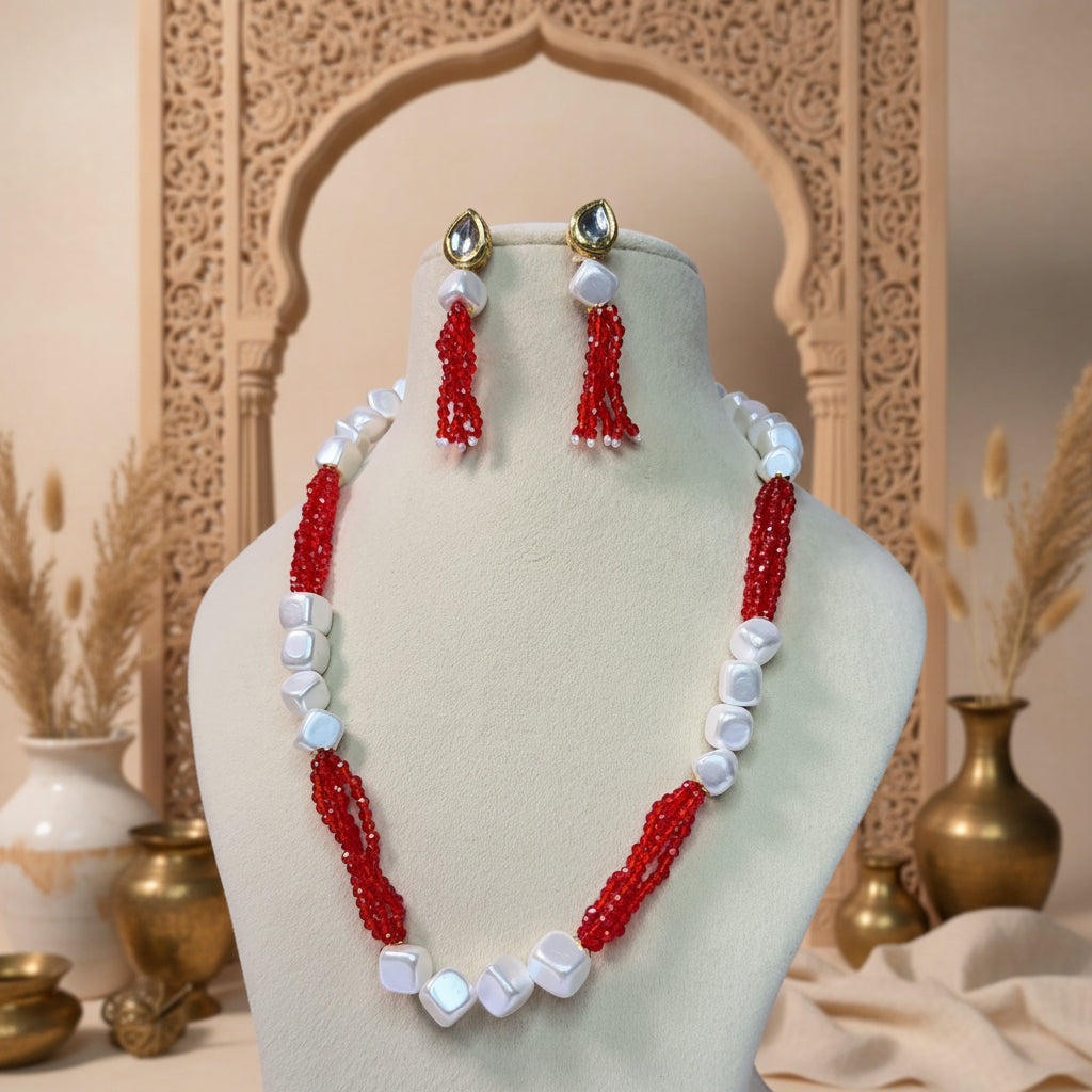Red Quadra White Bead Mala