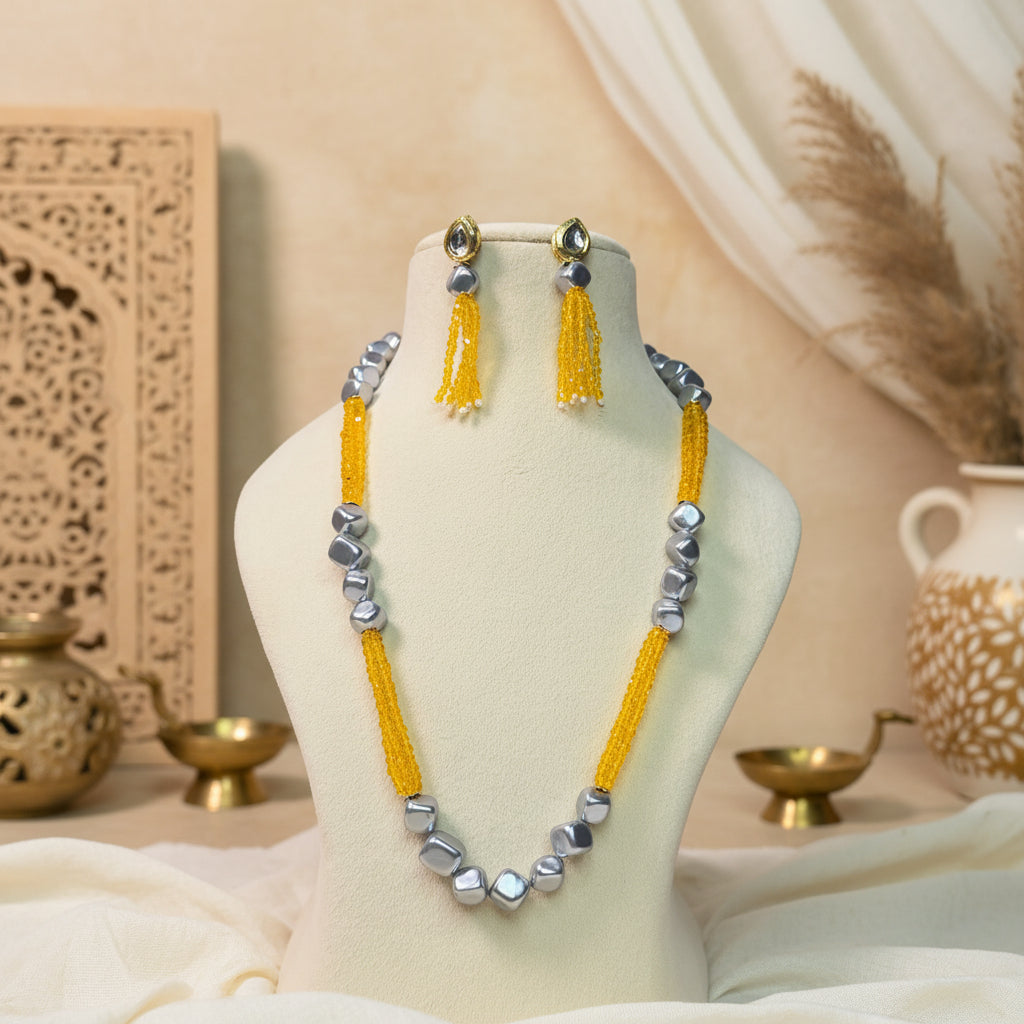 Yellow Quadra Metallic Bead Mala