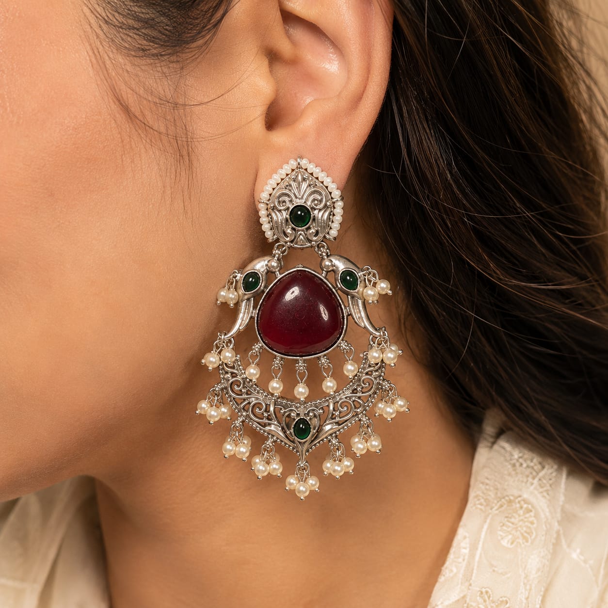 Maroon Silver Vintage Chandbali