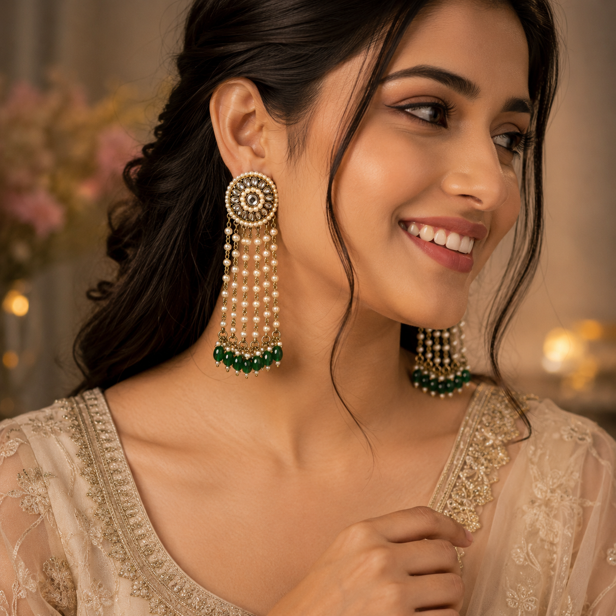 Emerald Strings Kundan Danglers