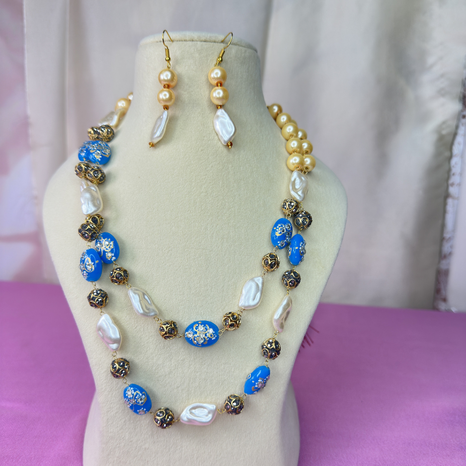 Royal Blue Pearl Dual-Layer Statement Mala