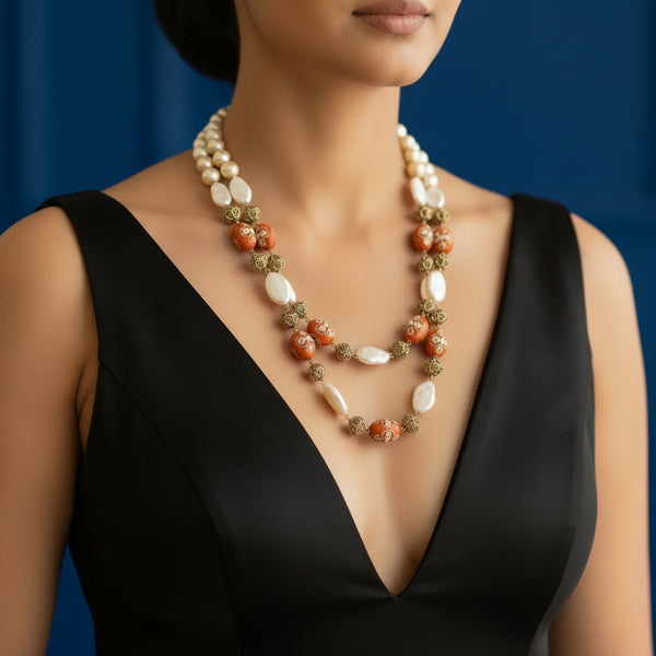 Orange & Pearl Double-Layer Mala