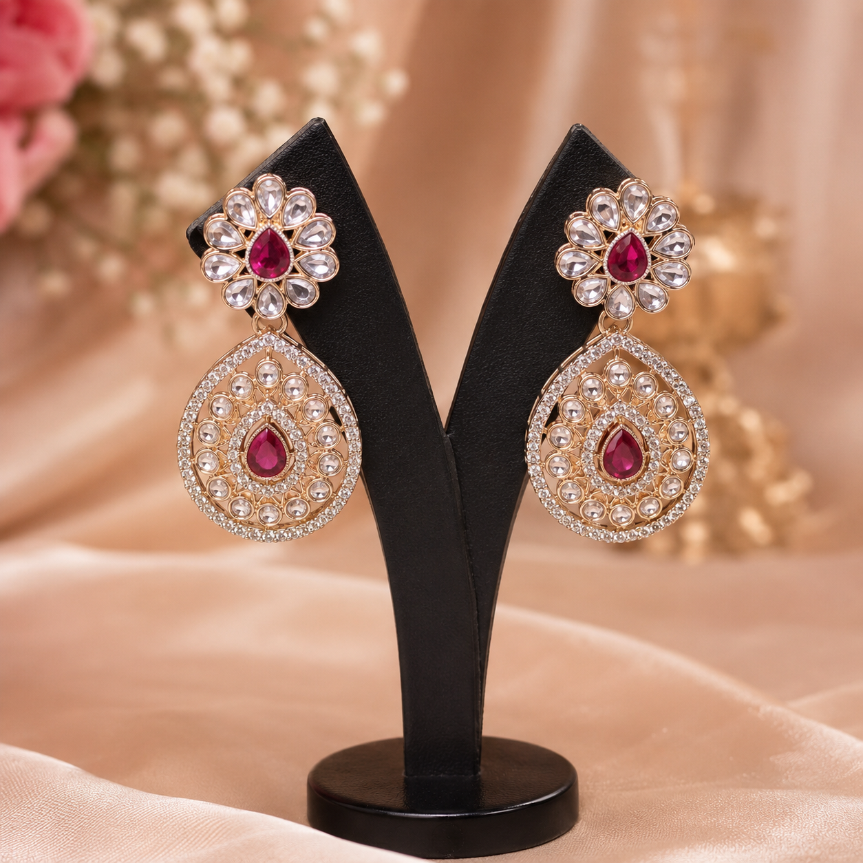 Rosalia Kundan Set – Pink Double Pendant Necklace