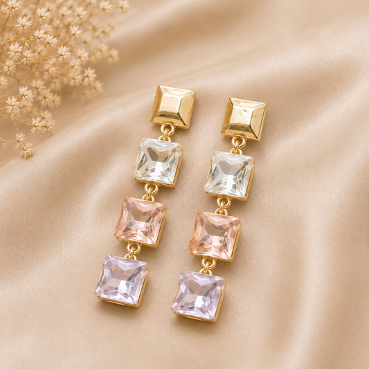 Prism Glow Earrings - Triple Crystal Pastel Gold-Tone Drops