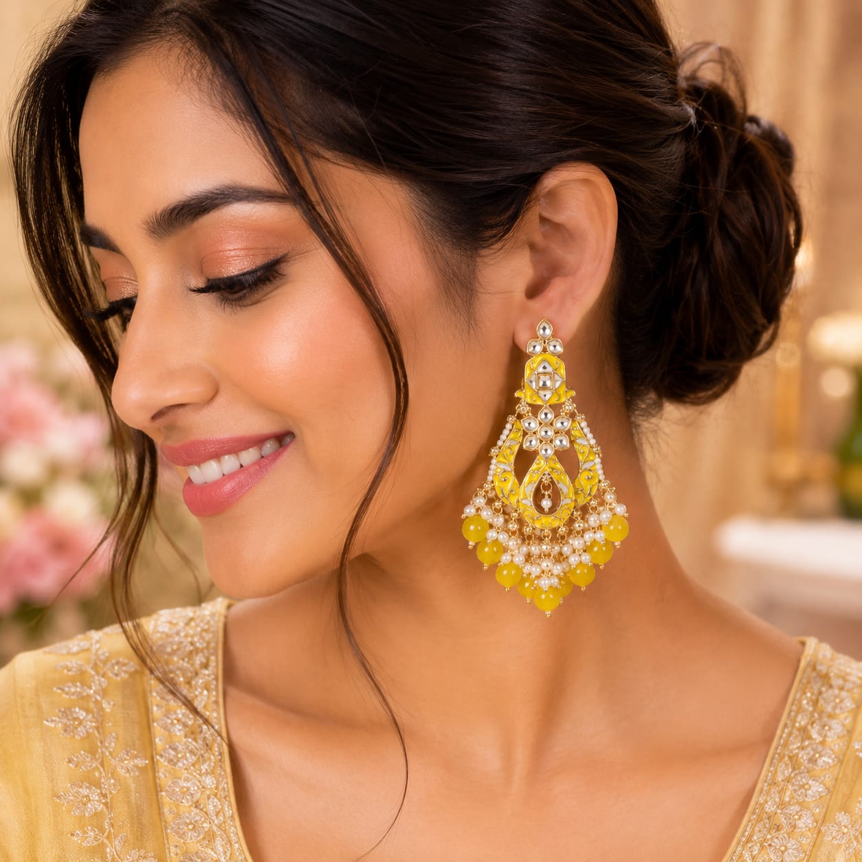 Yellow Noor Kundan Earrings